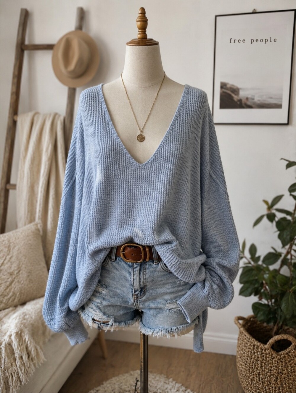 Intimately Free People Waffle Knit Oversized V Neck Pullover Sweater Blue XS/S